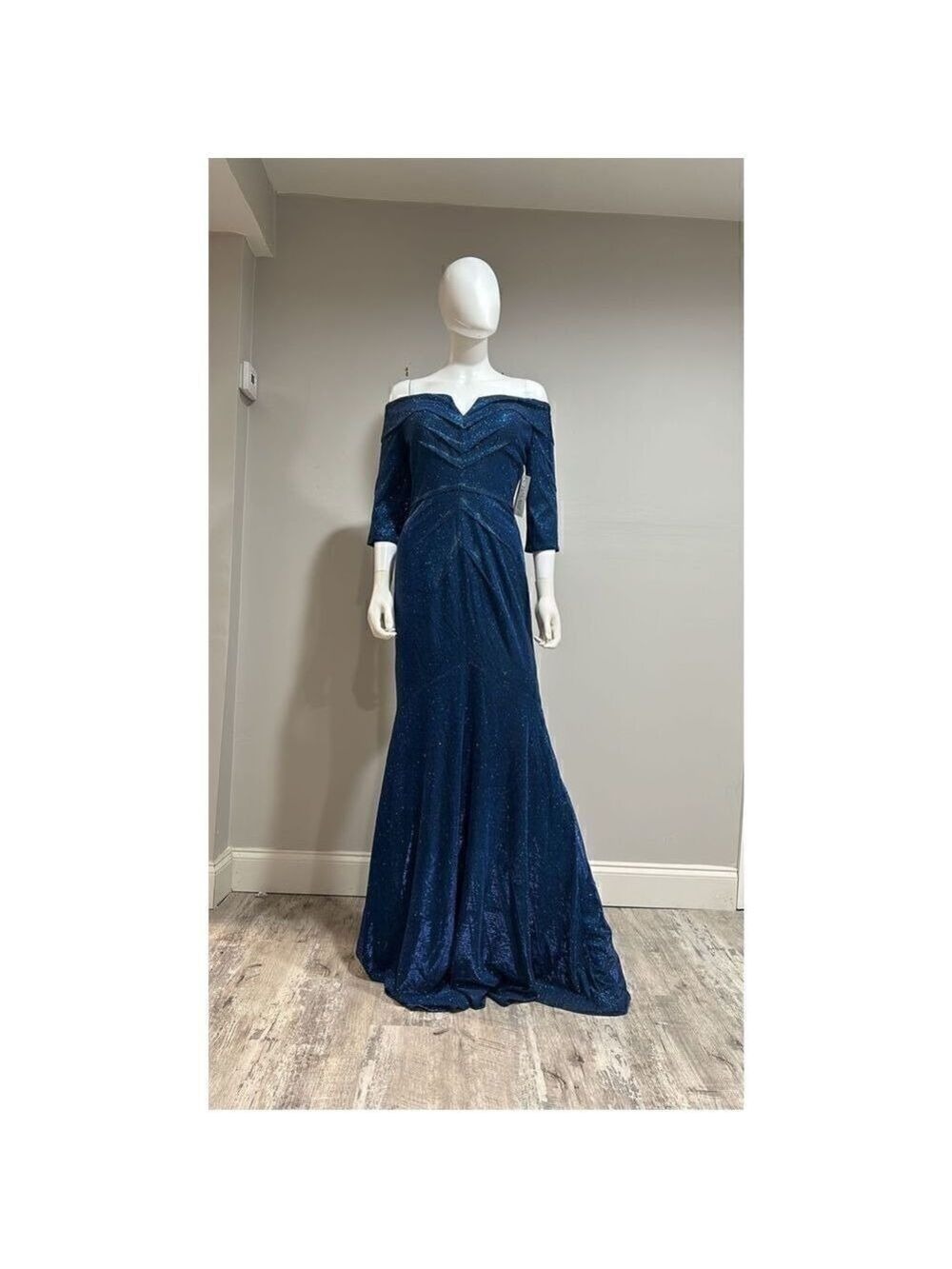 Rene Ruiz Metallic Blue Off the Shoulder Gown Size 10 - Picture 2 of 8